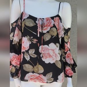 Soho x New York & Company cottage core cold shoulder silky floral blouse size XS